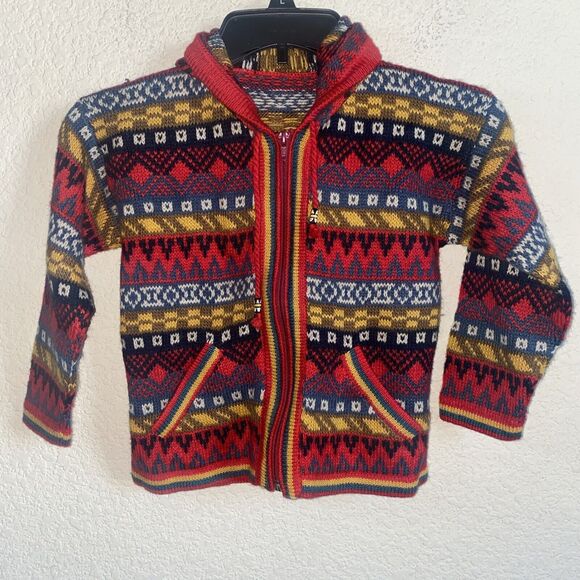 100% Alpaca Knit Hooded Western Aztec Boho Southwest Unisex Kids Sweater Zip - Picture 1 of 9